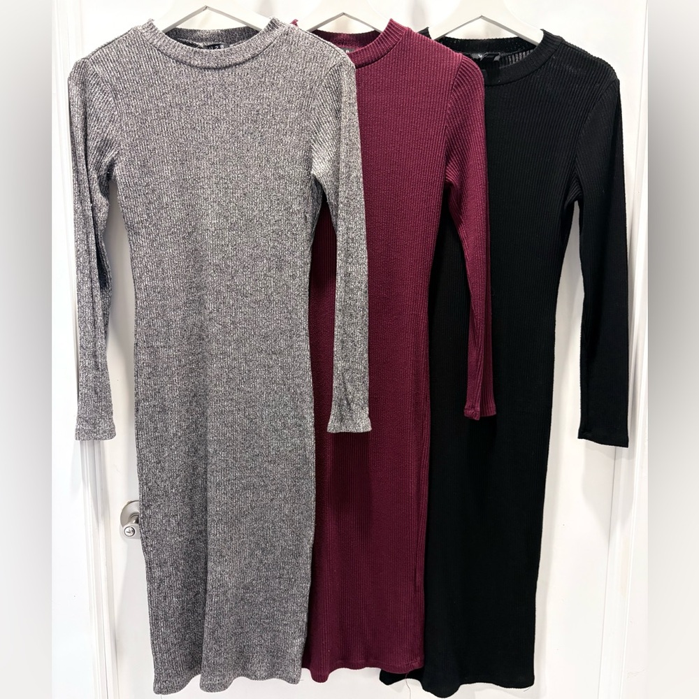 Elegant Women's Ribbed Knit Dress - Gray, Burgundy, Black